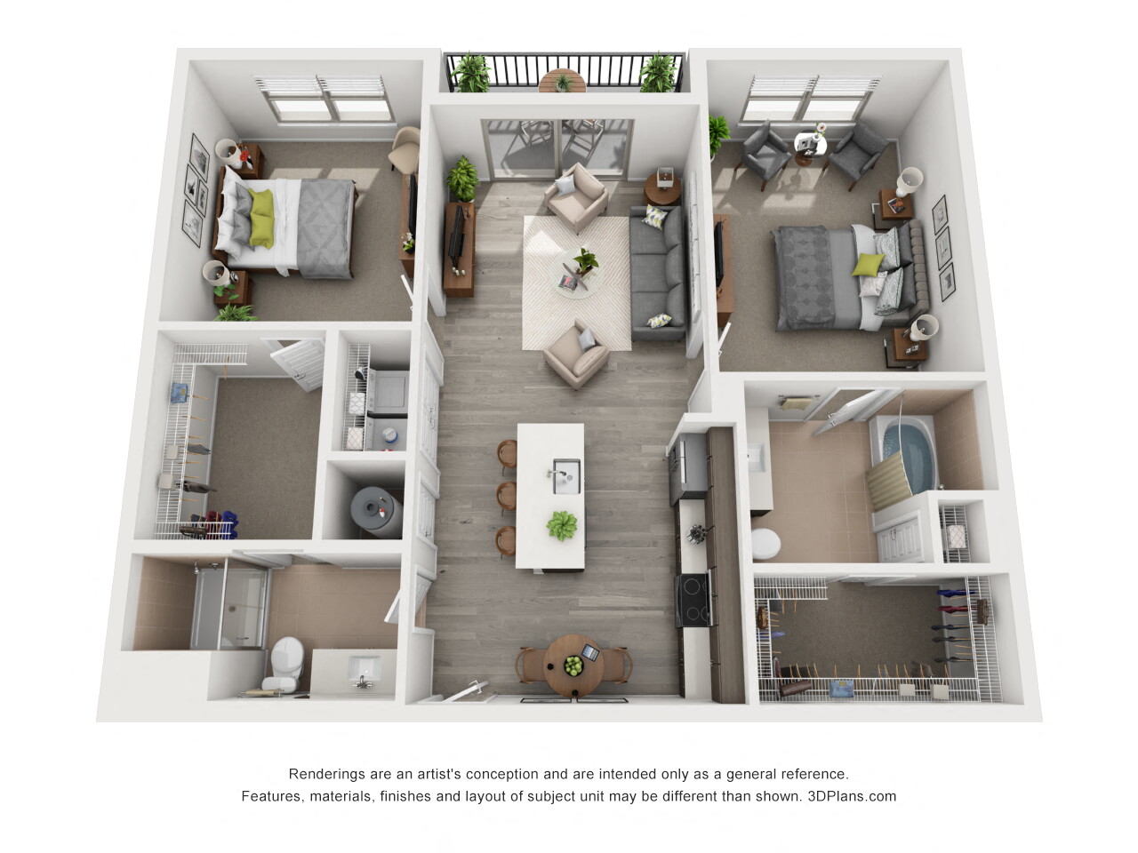 Floor plan for 2 beds, 2 baths, 1163 sqft